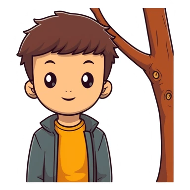 boy with brunette hair brown eyes and tree behind sticker