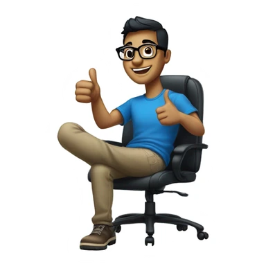 A cheerful young man with short black hair and stylish glasses, smiling broadly while giving a thumbs up. He is wearing a blue t-shirt, seated in a modern office chair against a softly lit, neutral background.  sticker