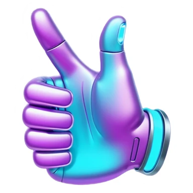futuristic glowing thumbs up, neon purple and cyan light, dark background, digital tech style sticker