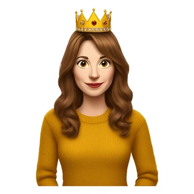 White English woman with long brown hair and face framing layered bangs dressed in a mustard yellow sweater with birthday crown and negroni in hand sticker