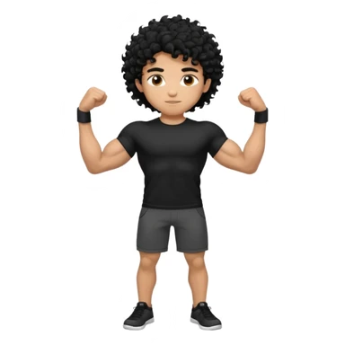 full body view of muscular teen boy with veiny hands arms and biceps. has messy black curly hair with dark-tan skintone with black tshirt sticker
