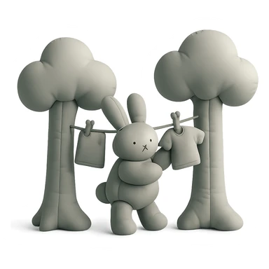 bunny hanging laundry between trees, calming domestic forest feel, cushion style, high quality, no imperfections sticker