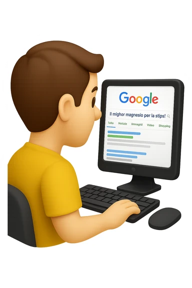 emoji stile iphone di un uomo davanti al pc che cerca di google: "Il miglior magnesio per la stipsi", iperrealistico 4k sticker