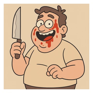 funny man holding a knife, ketchup on face, comic style, emphasized harmless, friendly style, simple background sticker