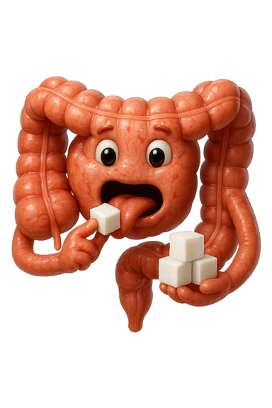 emoji stile iphone di un intestino anatomico che mangia zollette di zucchero, iperrealistico 4k, isolato su sfondo bianco sticker