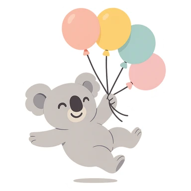 koala floating with pastel balloons, happy face, pastel-toon style sticker