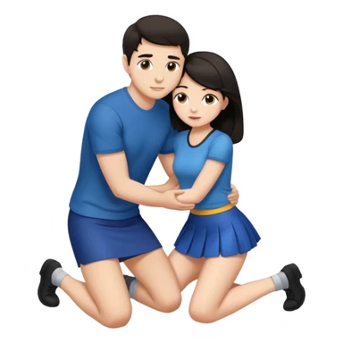 man with dark hair on knees, facing dark haired woman in a micro mini skirt, hugging her waist sticker