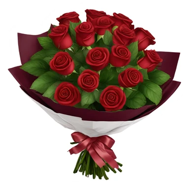 Bouquet of red roses in a burgundy package sticker