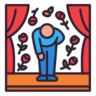 a person on stage bowing, surrounded by roses thrown by fans, clean modern icon style sticker