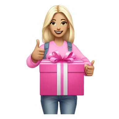 white skinned influencer advertising pink gift box in hands and thumbs up sticker