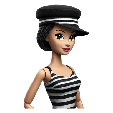 Bouclé Beauty Barbie, 1965 Wednesday Addams from academy, in dark-gray and black striped outfit with hat. Smiling Driving Mercedes convertible sports car  sticker