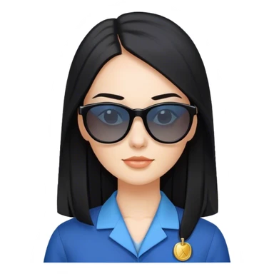 Fair skinned pretty woman with long straight black hair with sun glasses and blue teacher uniform and black colar sticker