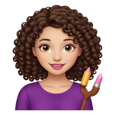girl with curly long dark brown hair, brown eyes, light to medium complexion, long lashes, almond shaped eyes, light pink lipstick sticker