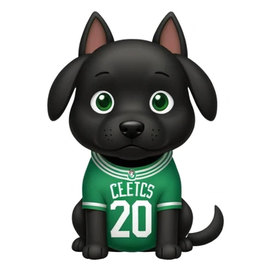 Black dog wearing a Boston Celtics jersey sticker