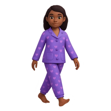 Create an image of a girl walking in pajamas with brown skin in the style of 3D emoji, with no background. The style is 3D emoji but fallback to general for editing as 3D emoji style does not support editing. sticker