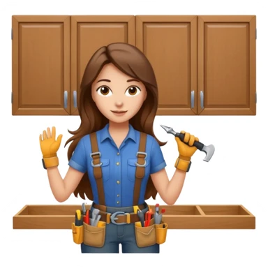 beautiful girl with long brown hair constructing new kitchen cabinets sticker