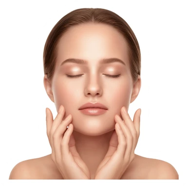Close-up beauty portrait of a young white woman with dewy, glowing skin, eyes closed, gently touching her cheeks with both hands. Her skin looks hydrated and luminous with a natural glossy finish. Soft neutral makeup, groomed brows, nude lips. Hair pulled back neatly. sticker