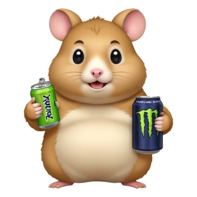 Funny cartoon-style fat hamster with big wide eyes  holding a can of monster energy in one hand and redbull in the other hand sticker