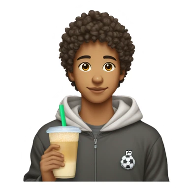 15 year old boy. Olive skin, curly hair, soccer player. Wearing a hoodie and fit. Drinking boba tea sticker