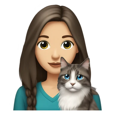 long straight haired blue eyed brunette woman holding norwegian forest cat with amber eyes sticker