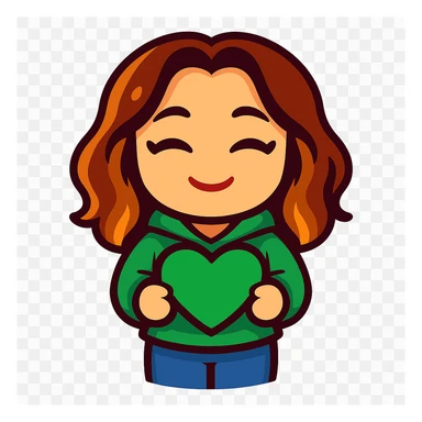 Update this chibi emote to remove the headband, sparkles, and wand. Change the outfit to a green hoodie and jeans, holding a green love heart sticker