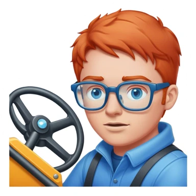 a light red headed person, pale with blue eyes and glasses driving a snowplow sticker
