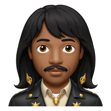 Rick James with black long hair and thin mustache sticker