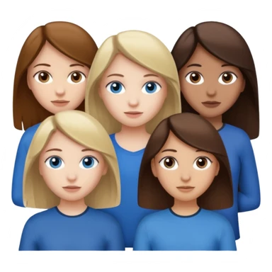 a group of 3 people where two are in the back one in the front -
1. Girl has white skin, brown hair, brown eyes
2. Girl has white skin, dirty blonde hair, blue eyes
3. Girl has tan skin, dark brown hair, dark brown eyes sticker