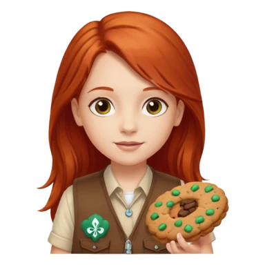 white girl scout with red long hair selling cookies with a brown Girl Scout vest and white shirt under vest. She should be around 10 years old sticker
