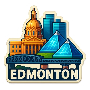 Remove the sky and clouds from the Edmonton emoji, keeping everything else exactly the same: the skyline with the Alberta Legislature Building, Muttart Conservatory, High Level Bridge, lifelike detail, accurate colors, bright lighting, wide city view. Maintain a fully transparent background and do not change anything else. sticker