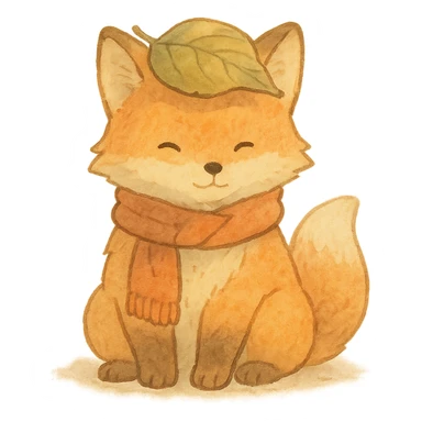 fox wearing a leaf hat and scarf, cute autumn soft style, soft pastel colors, ghibli style sticker