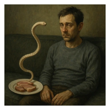 narrative scene: man sitting on sofa, empty gaze, next to him plate with pork meat and small stylized tapeworm moving towards head, psychological discomfort atmosphere, 4K quality sticker