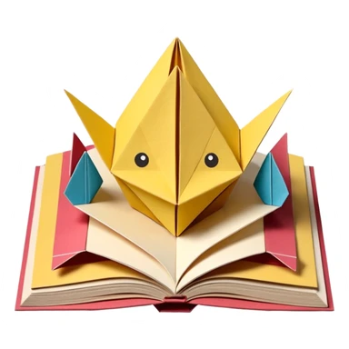 3D render of Pop-Up Book entirely of folded origami paper, sharp creases, cardboard texture, matte finish, visible paper grain, craft aesthetic,emoji style, isolated on white background --v 6.0 sticker