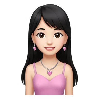 Cabelos pretos longos lisos ,com franja curvada .olhos pretos puxadinho para cima. Cílios longos curvados. Pele clara ,nariz pequeno ,lábios carnudos ,adolescente 16 anos ,vestido rosa de alça, colar de coração prata ,brinco de diamante sticker