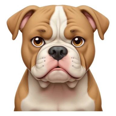 Cinematic Meme-Worthy Grumpy Solid Tan American Bulldog Portrait Emoji, Head held high but eyes filled with dramatic disappointment, smooth tan fur with a furrowed brow forming an unmistakable scowl, floppy ears slightly angled back in disapproval, piercing brown eyes glaring with pure exasperation, Simplified yet hilariously over-exaggerated features, highly detailed, glowing with an aura of supreme annoyance, high shine, exhausted yet judgmental, stylized with an almost regal pettiness, bright but brooding, soft glowing outline, capturing the essence of a pup that has seen it all and is thoroughly unimpressed, so meme-worthy it feels like it could instantly become the next viral sensation of grumpiness! sticker