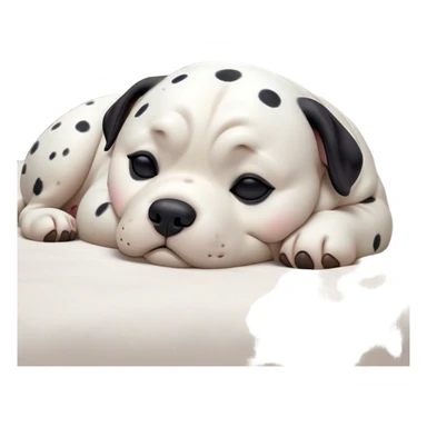Cinematic Chubby Sleeping Dalmatian Portrait Emoji, Chubby and serene, with a round, plump build and a glossy white coat adorned with distinctive black spots, eyes gently closed in peaceful slumber, Simplified yet irresistibly endearing features, highly detailed, glowing with a gentle, dreamy glow, high shine, relaxed and content, stylized with a touch of whimsy, bright and heartwarming, soft glowing outline, capturing the essence of a blissfully sleepy companion, so comically serene it feels like it could roll out of the screen and snore with adorable charm! sticker
