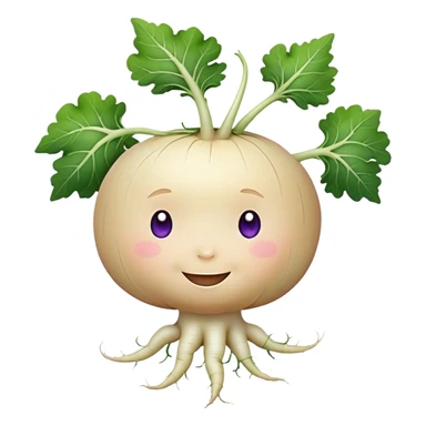 white turnip with slight purple shading with cute smiling baby-like face and leafy stalk and cute spindly roots from the bottom sticker