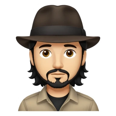 Man with black long wavy hair, brown eyes, tan skin and light black goatee black shirt fedora hat sticker