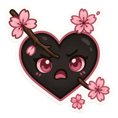 goth sakura heart, heart pierced by sakura branch, black and pink, expressive and fun sticker