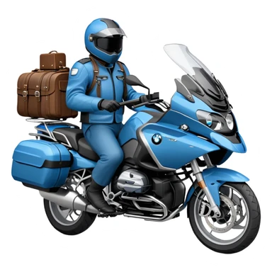blue BMW R 1200 RT touring motorcycle with rider and luggage panniers sticker