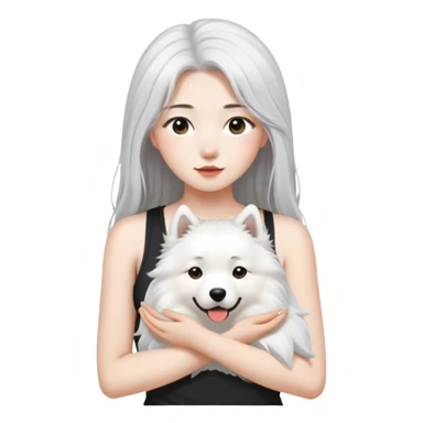  asiatic girl in the black tank top with long gray  hair and a samoyed sticker