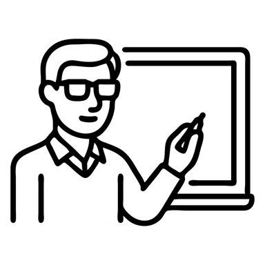 male teacher writing on a white board, glasses, neat hair, educational environment, icon style sticker