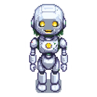 portrait of a cute female recruiter robot, 8-bit pixel art style, metallic, smiling sticker