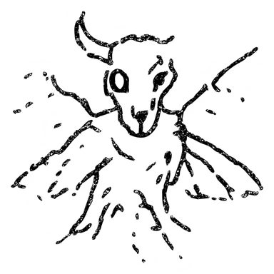 maximum deterioration: an extremely fragmented red line art of a hybrid creature with minotaur skull with broken horn and single glowing red eye, stoat features with tattered cape, and disintegrating moth wings, most outlines completely missing, severe deterioration with massive gaps and broken lines, eroded to almost nothing, like the final traces of an ancient worn sigil sticker