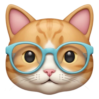 A cute cat emoji wearing geek-chic glasses, minimal design, simple shapes, soft pastel colors, clean vector style, centered composition, emoji style, smooth lines, subtle shadow, high resolution, transparent background, PNG format, no background sticker