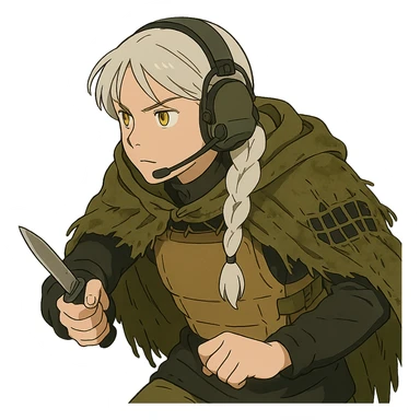 1 female, mid 20's, white hair in a long braid, gold yellow eyes, adorned in a black long sleeve shirt, tan body armor and a worn olive-green cloak with netting holding it together. She wears a COMTAC headset. she is hunched slightly, stealthily, focused on her target, holding a small combat blade at the ready sticker