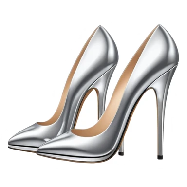 A pair of high heel shoes emoji made of polished silver chrome, elegant sharp silhouette, smooth metallic surface, glossy reflections, luxury sexy vibe, minimalistic iOS emoji style, centered, clean white background sticker