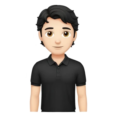 Caucasian male with wavy black hair in a comfortable black polo shirt with collar sticker