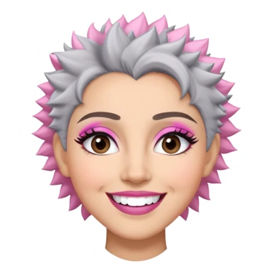 Close-up of Marian Pabón with defined facial structure, light skin with pink undertones, almond eyes with makeup, arched eyebrows, charismatic wide smile, and short spiky gray hair sticker
