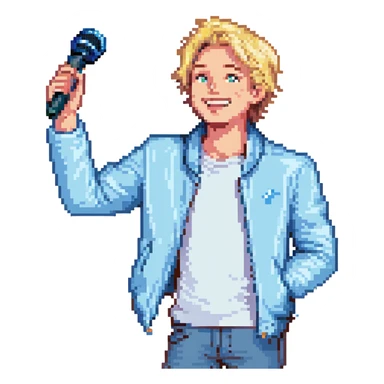 Pixel art style, expressive male performer, Caucasian features, short sandy blonde hair, lively eyes, wide cheerful smile, wearing a sky blue jacket over white tee, tossing a microphone in one hand, waist-up, front-facing sticker